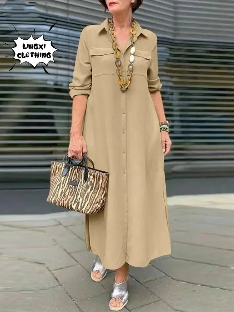 2024 primavera/verão moda feminina novo elegante plus size manga comprida botão elegante vestido de algodão linho único breasted robe