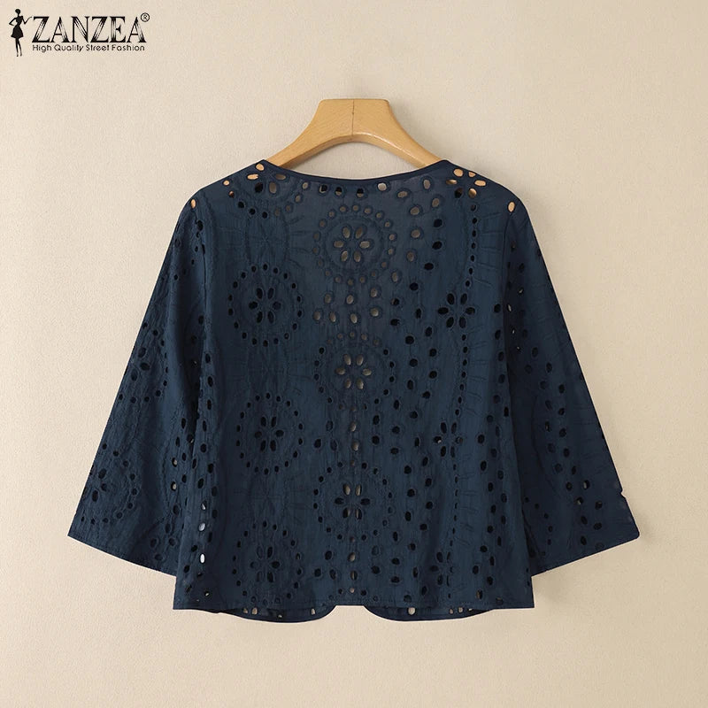 Stylish Autumn Hollow Out Cardigans ZANZEA Women Embroidered Blouse Elegant Shirts 2025 Fashion 3/4 Sleeve Kimonos Slim Fit Tops