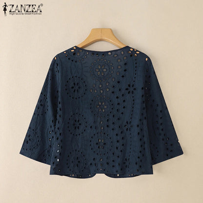 Stylish Autumn Hollow Out Cardigans ZANZEA Women Embroidered Blouse Elegant Shirts 2025 Fashion 3/4 Sleeve Kimonos Slim Fit Tops
