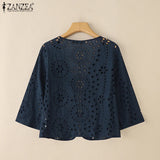 Stylish Autumn Hollow Out Cardigans ZANZEA Women Embroidered Blouse Elegant Shirts 2025 Fashion 3/4 Sleeve Kimonos Slim Fit Tops
