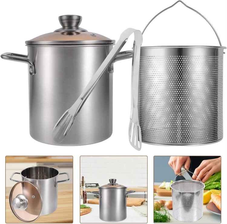 LMETJMA 3L Deep Fryer Pot Stainless Steel Frying Pot With Mesh Steamer Basket Japanese Tempura Fryer Pot with Lid and Tong JT230