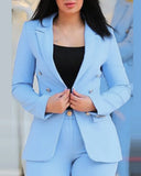 Conjunto de 2 piezas de ropa de oficina para mujer, chaqueta blazer de manga larga y pantalones pitillo de cintura alta, color liso