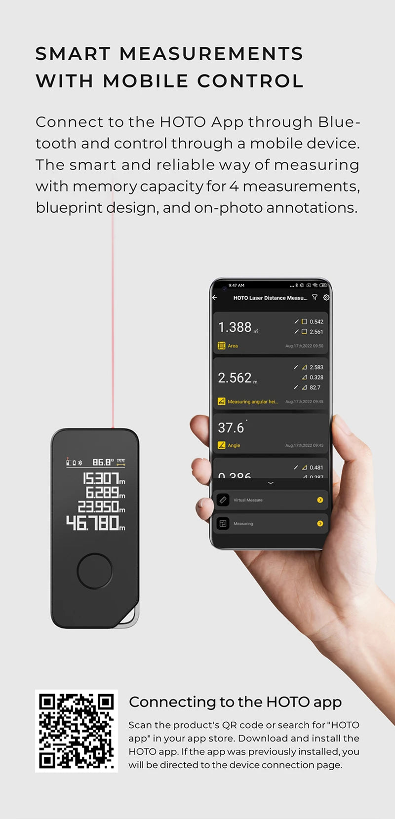 HOTO Smart Laser Measure Pro LED Display Intelligent Digital Laser Tape Measuring Tool Rechargeable Laser Ruler Rangefinder