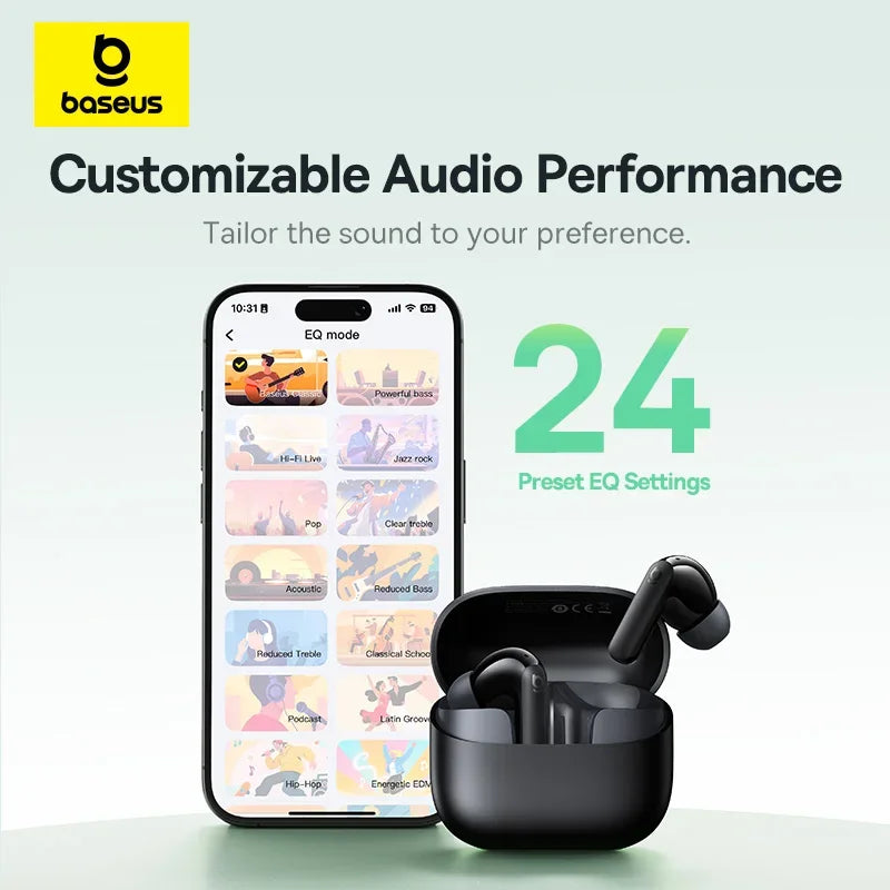 Fones de Ouvido True Wireless Baseus Bass EP10 NC – Cancelamento de Ruído ANC de -43dB, Bluetooth 6.0, Intra-auriculares, 4 Microfones com ENC