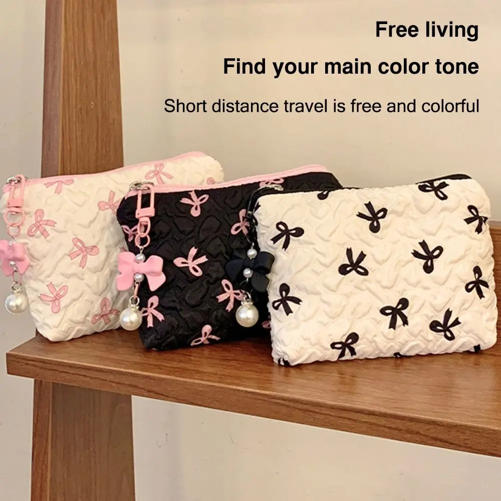 Cotton Makeup Bag for Women Quilted Travel Cosmetic Bag Girls' Make Up Organizer Portable Little Bow Makeup Pouch