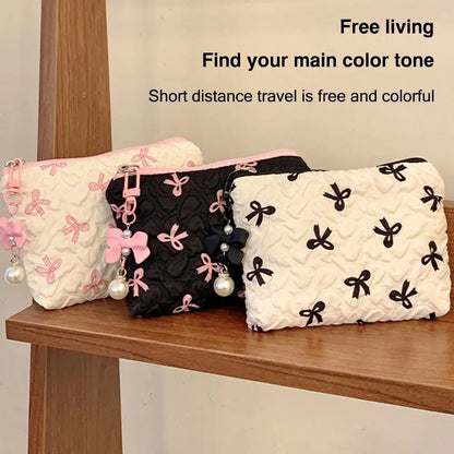 Cotton Makeup Bag for Women Quilted Travel Cosmetic Bag Girls' Make Up Organizer Portable Little Bow Makeup Pouch