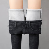 2023 Mujeres Jeans Térmicos Invierno Nieve Cálido Felpa Elástico Jeans Señora Skinny Espesar Polar Denim Pantalones Largos Retro Lápiz Pantalones