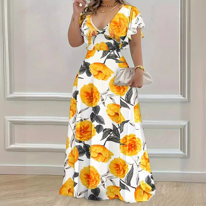 XL-5XL feminino plus size venda quente com decote em v elegante e casual impresso vestido longo com bainha grande para roupas femininas