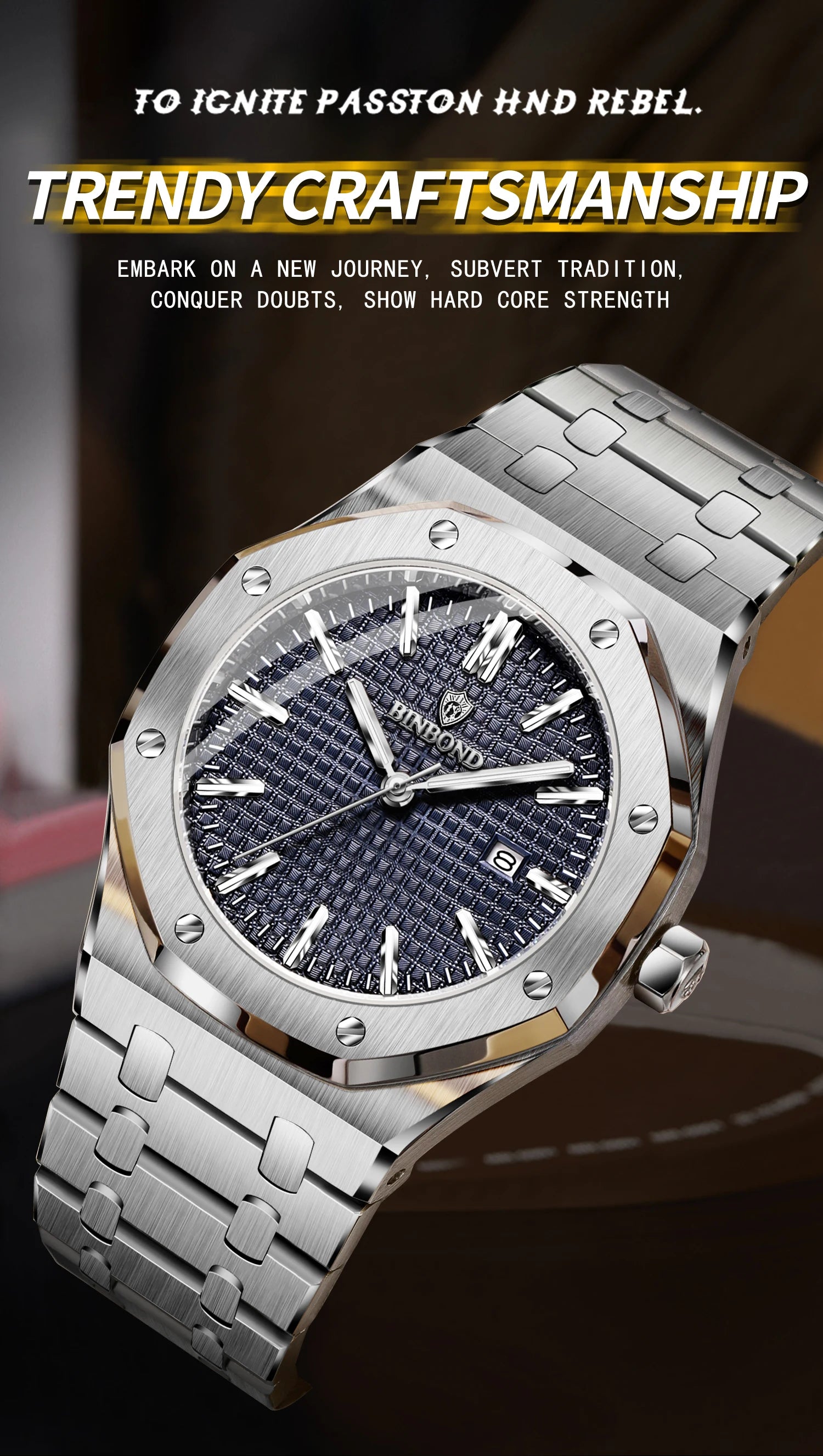 BINBOND Sturdy Stainless Steel Strap Quartz Wristwatches for Men Luxury Luminous Waterproof Auto Date Accurate Men's Watch Reloj