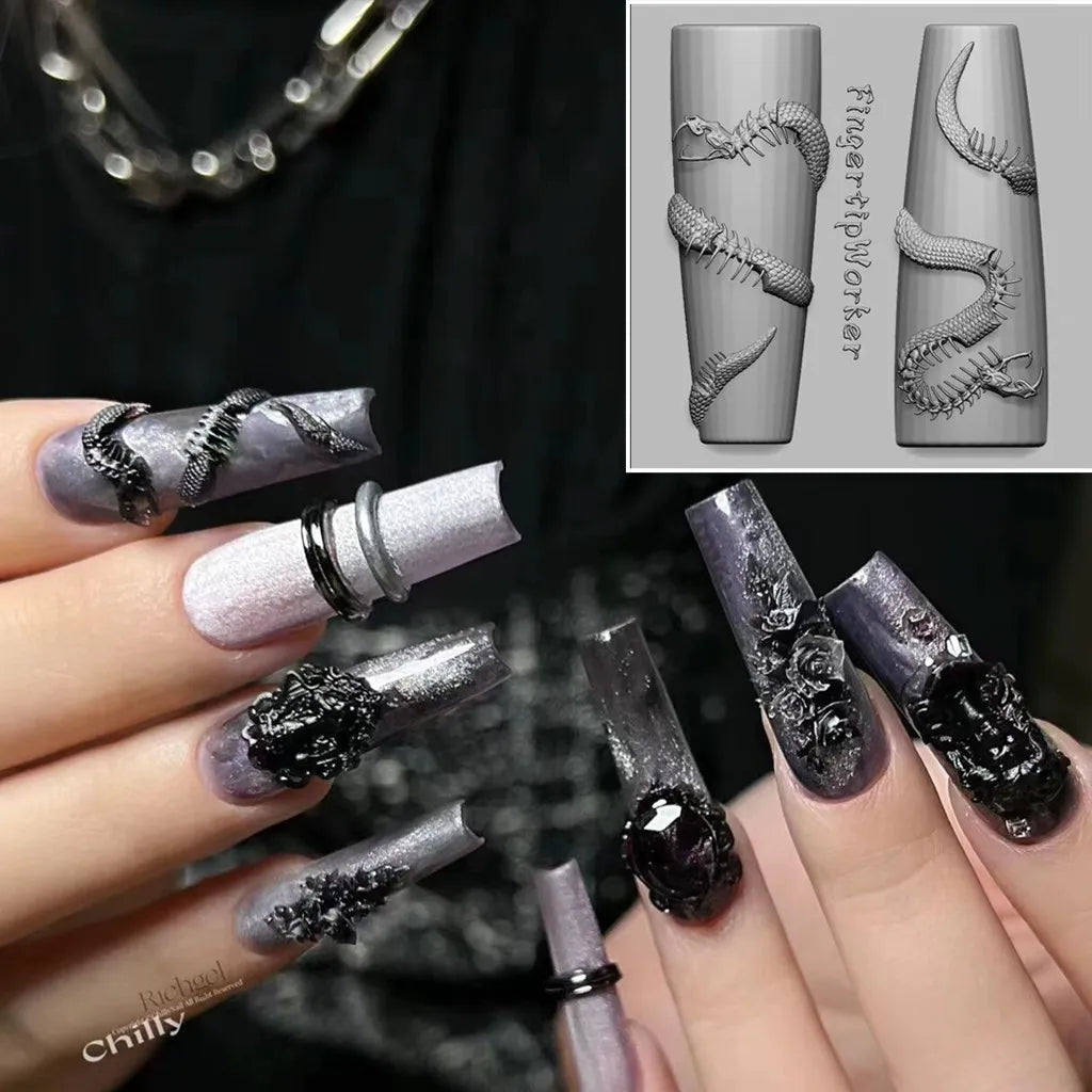 1Pc Chain Ice Flower Fox Spoon Fork Dragon Snake Butterfly 3D Acrylic Mold Nail Art Decorations  DIY Design Silicone Nails Mold