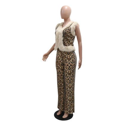 CM.YAYA Conjunto de mujer sin mangas de piel de leopardo con lentejuelas, cuello en V, chaleco de lana y pantalón, conjunto de 2 piezas Street Two 2024, chándal