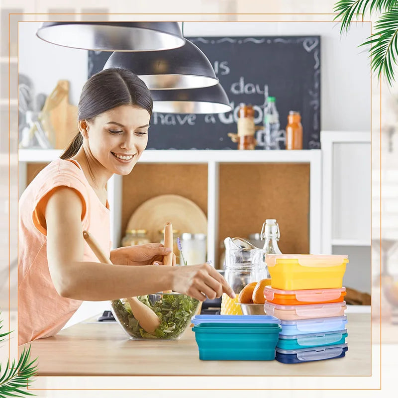 Collapsible Food Storage Containers Silicone Lunch Box with Lid Food Bowls Kitchen Stackable Lunch Box for Pantry Freezer Safe