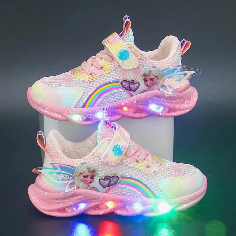 Disney Girls' Casual LED Light-Up Mesh Breathable Children's Sports Shoes Princess Elsa Pink Purple Sneakers Size 22-35