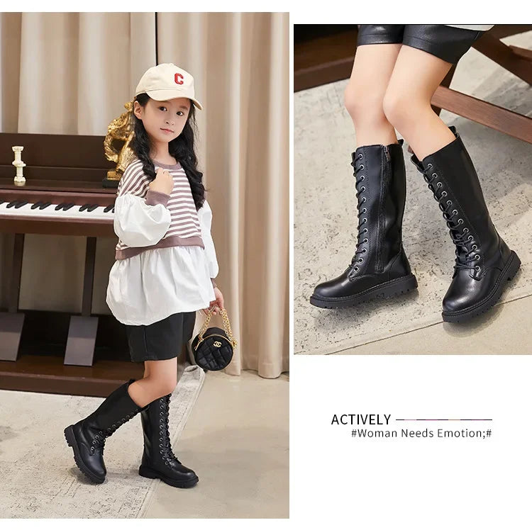 Girls Long Boots Children Knee-High Fashion Motorcycle Boots Rubber Soft Platform for Princess Kids High Boots Classic Winter