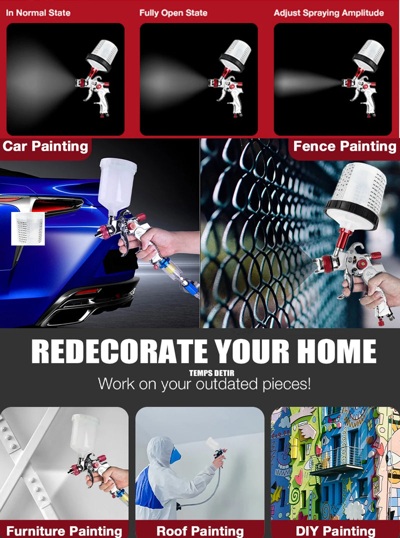 1.4mm 1.7mm 2.0mm Professional HVLP Spray Gun Home Automatic Paint Spray Gun Tool, 600ml No Clean Disposable Measuring Cup 10pcs