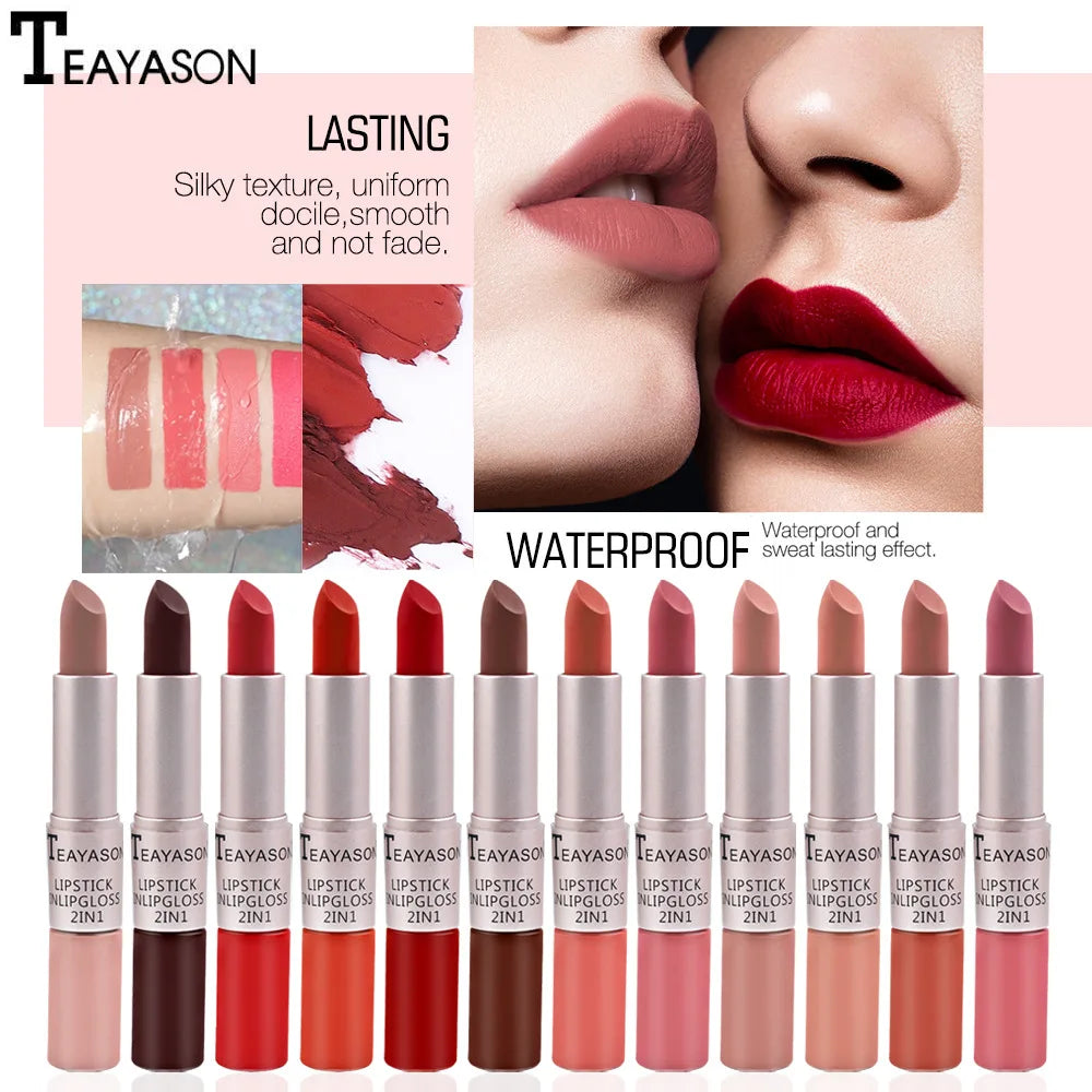 Lápiz labial mate aterciopelado de larga duración, brillo labial de doble cabezal, taza antiadherente, brillo labial, tinte voluminizador, lápiz labial resistente al agua, maquillaje