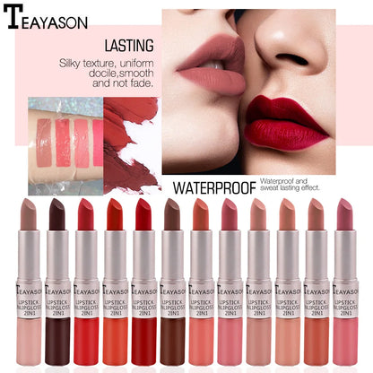 Lápiz labial mate aterciopelado de larga duración, brillo labial de doble cabezal, taza antiadherente, brillo labial, tinte voluminizador, lápiz labial resistente al agua, maquillaje