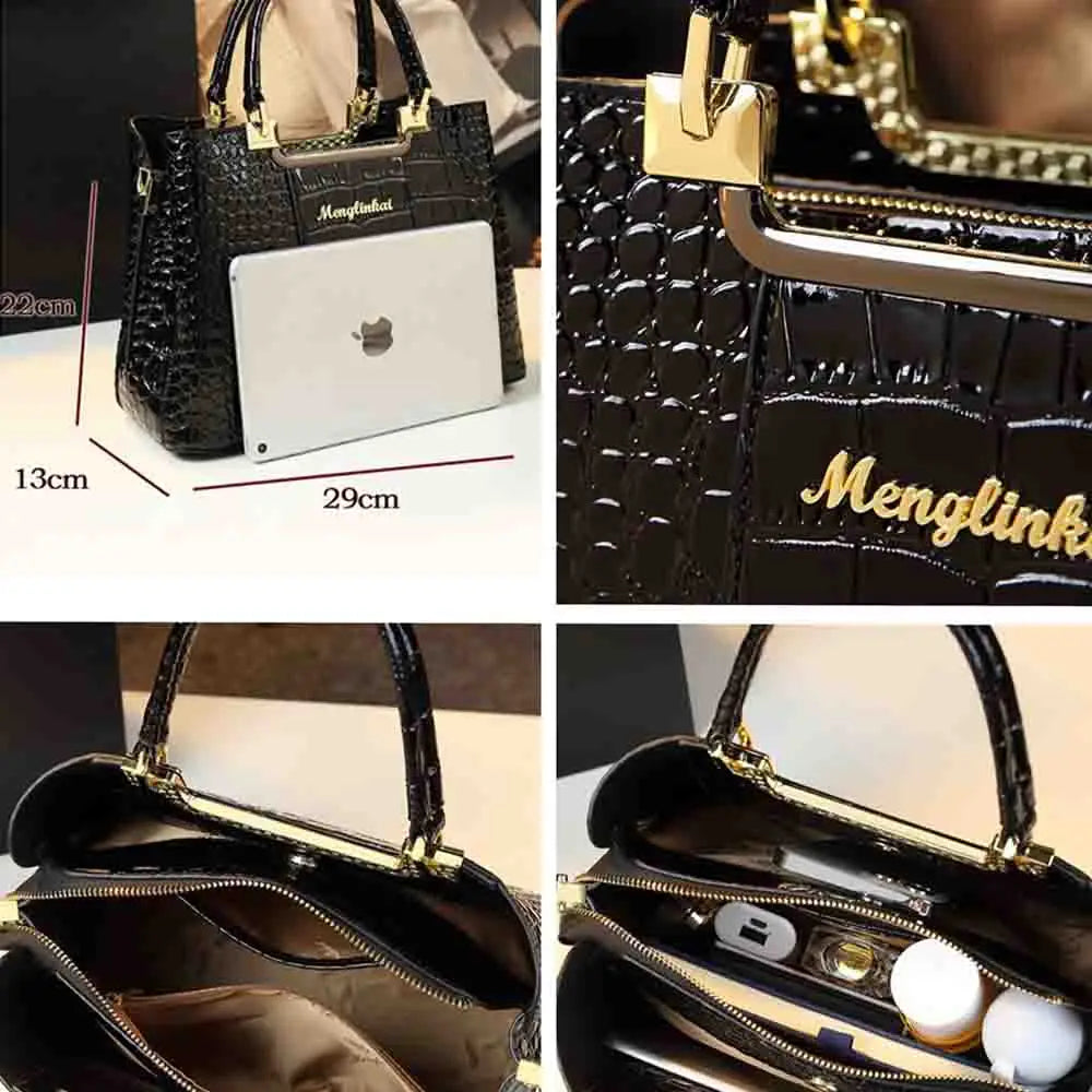 2023 New Luxury Crocodile Bag for Women Casual Tote High Qualtiy Patent Leather Shoulder Purses Elegant Dinner Noble Purse Black