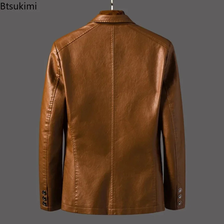 2024 Men's Leather Jackets Lapel Business Leather Jackets Men Pu Blazers Korean Style Slim Fashion Leather Coat Plus Size M-6XL
