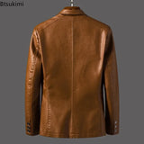 2024 Men's Leather Jackets Lapel Business Leather Jackets Men Pu Blazers Korean Style Slim Fashion Leather Coat Plus Size M-6XL