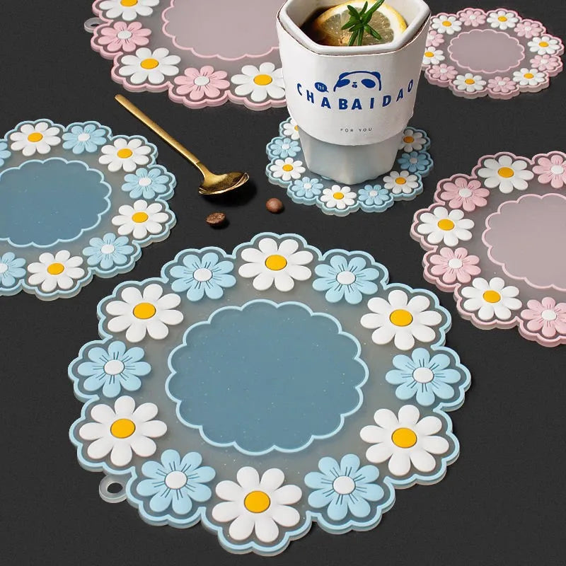 Round Daisy Heat Resistant Silicone Mat  Cup Coasters Insulation Non Slip Pot Holder Thicken Table Placemat Kitchen Accessories