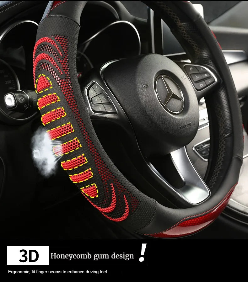 Three-dimensional Honeycomb Steering Wheel Cover  Durable Leather Cover with Anti-slip Linning Universal 14.5-15in