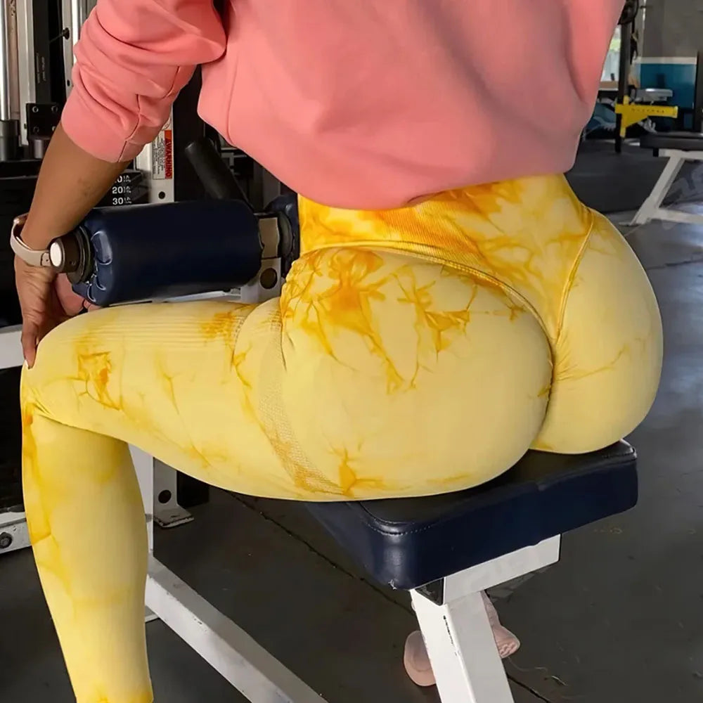 Mallas de yoga sin costuras con efecto tie-dye para mujer, mallas push up de cintura alta para gimnasio, control de abdomen, pantalones deportivos de entrenamiento y fitness para mujer
