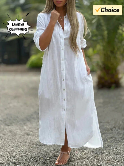 Vestido longo de algodão e cânhamo feminino, camisa elegante, manga longa casual, estilo praia, plus size, verão, novo