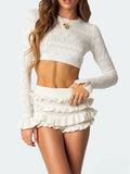 Women Y2k Knit 2 Pieces Outfits Crew Neck Long Sleeve Crop Tops and Ruffles Layered Shorts Going Out Set