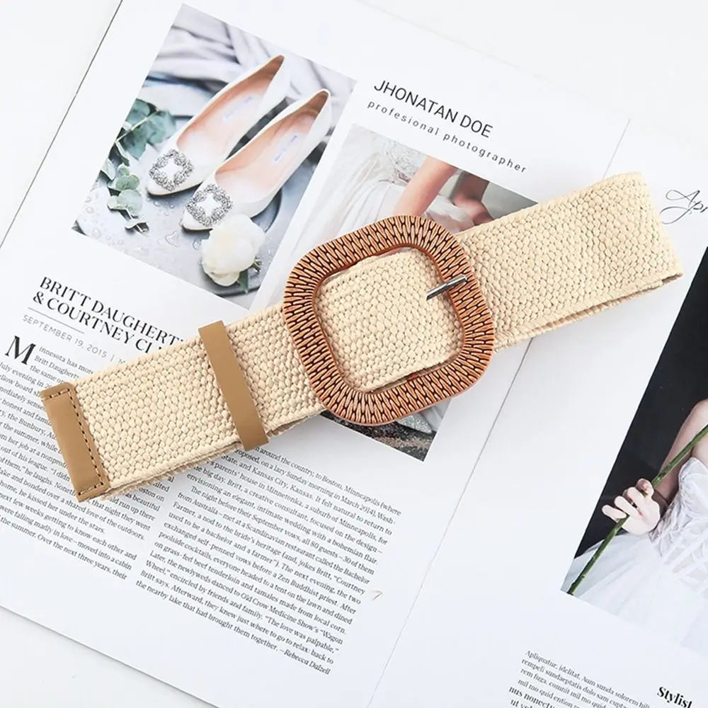 Fashion Women PP Straw Belt Bohemian Wide Elastic Waist Belt Braided Waistbelt Summer Casual Cloth Waistbelt Apparel Accessories