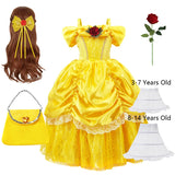 Kids Belle Cosplay Party Princess Dress Beauty Beast Princess Clothes Halloween Event Festival Party Flowers Print Costume