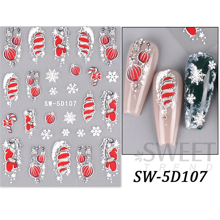 5D Red Christmas Nail Stickers Glitter Embossed Snowflake Gloves Feather Bulb Bells Winter Xmas DIY Engraved Manicure Decoration