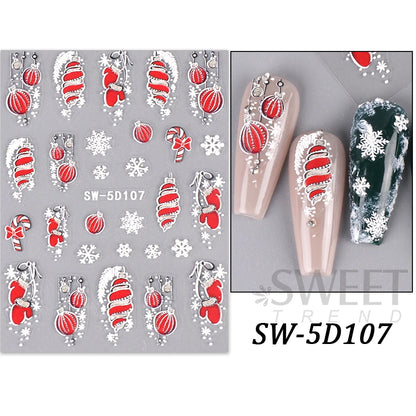 5D Red Christmas Nail Stickers Glitter Embossed Snowflake Gloves Feather Bulb Bells Winter Xmas DIY Engraved Manicure Decoration