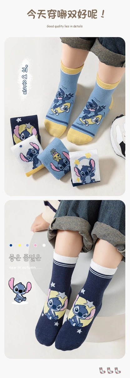 5 Pairs Children Socks Cartoon Stitch Boy's Socks Spring Autumn Middle Tube sock Cotton Cute Kids Socks Girl Sock Size 1-12 Year