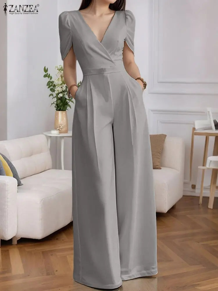 ZANZEA Street Fashion High Waist Jumpsuits Women Workwear Belt Rompers Solid Deep V Neck Elegant Office Lady Long Overalls