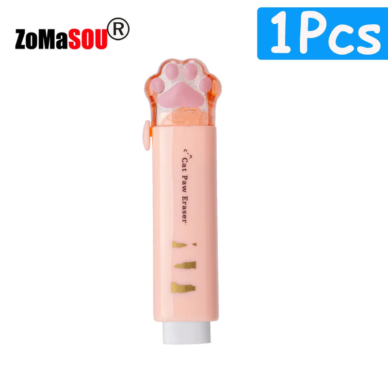 1-8Pcs New! Kawaii Cat Paw Rubber Erasers Retractable Pencil Eraser for Kids Students School Home Office Writing Drawing