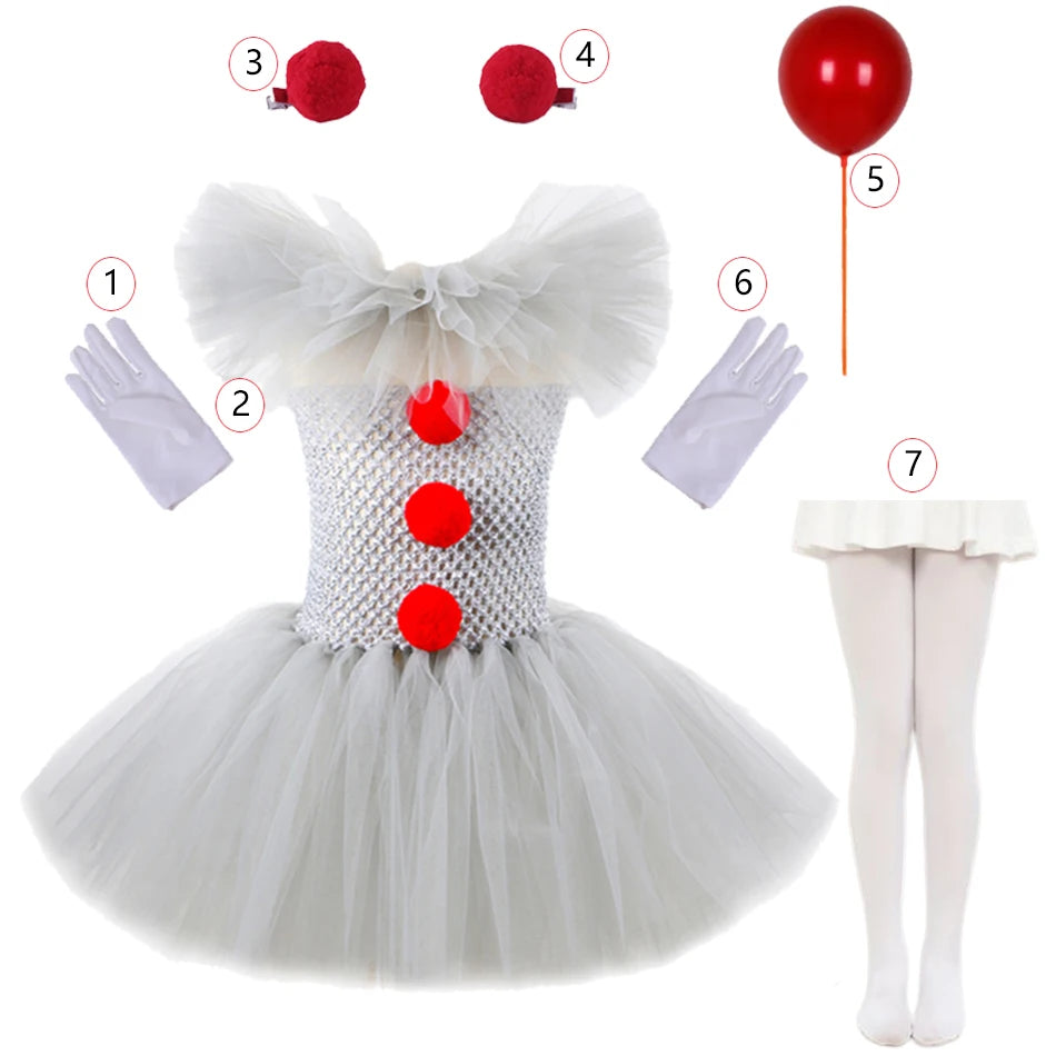 Halloween Costume For Kids Gray Girls Tutu Dress Kids Cosplay Scary Clown Costume Carnival Masquerade Party Dress Up 3-12Y