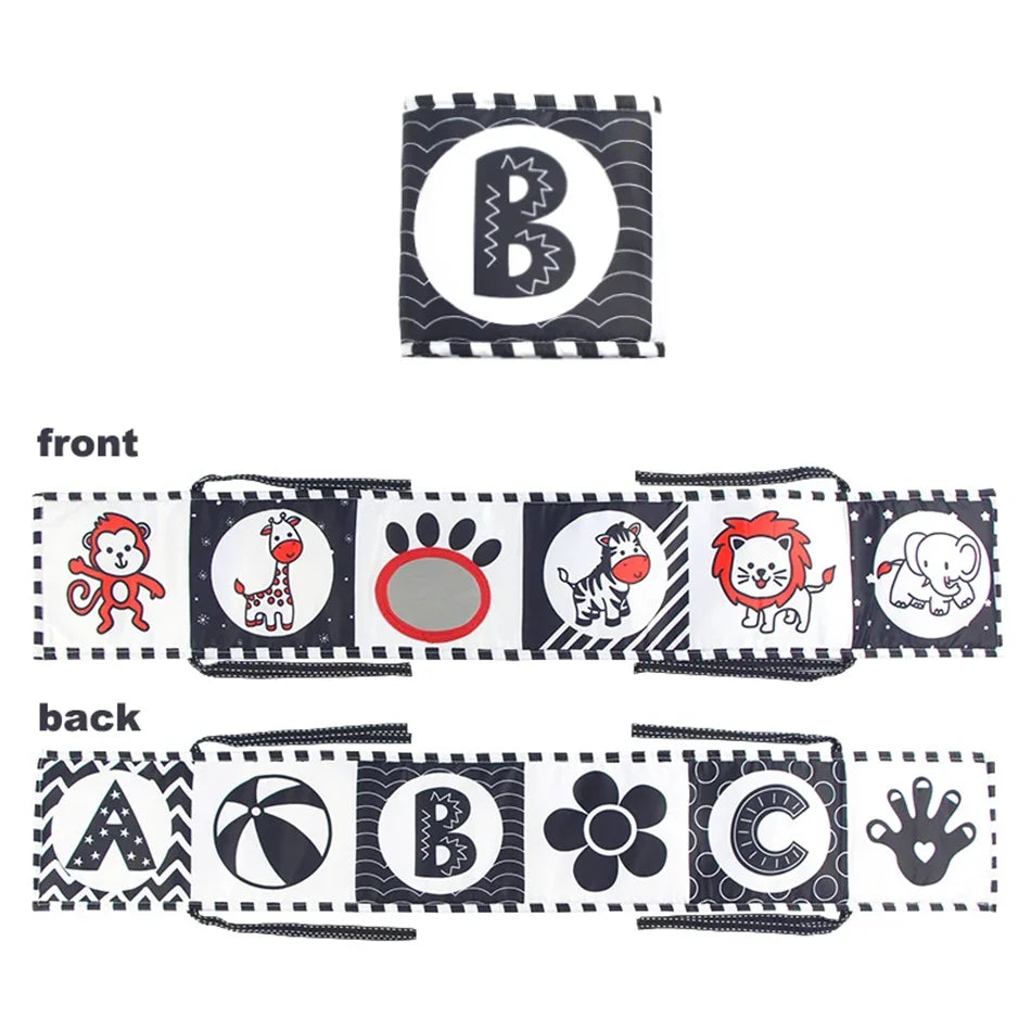 Livro de Pano de Alto Contraste para Bebês (0M+) – Brinquedos Sensoriais em Preto e Branco com Temática de Animais para Berço e Método Montessori