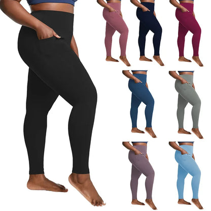 Pantalones deportivos de cintura alta de talla grande con bolsillos laterales dobles, cómodos para yoga y entrenamiento. 