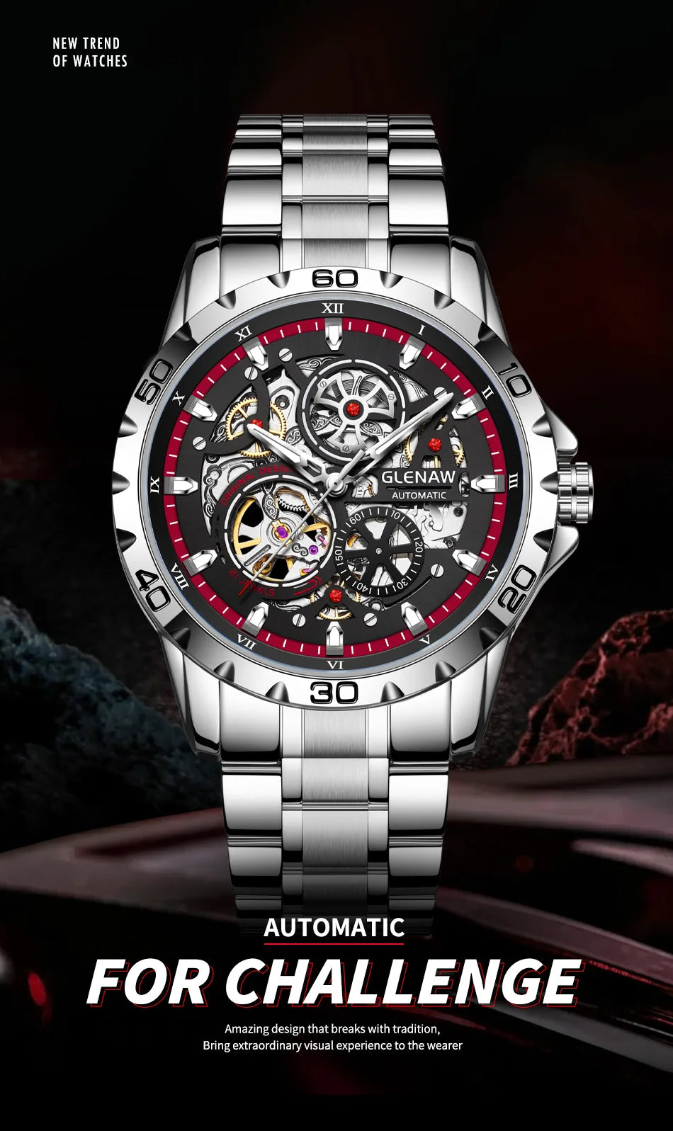 GLENAW Steampunk Skeleton - Reloj para hombre, anillo, relojes mecánicos automáticos de lujo, luminosos, resistentes al agua, correa de acero inoxidable