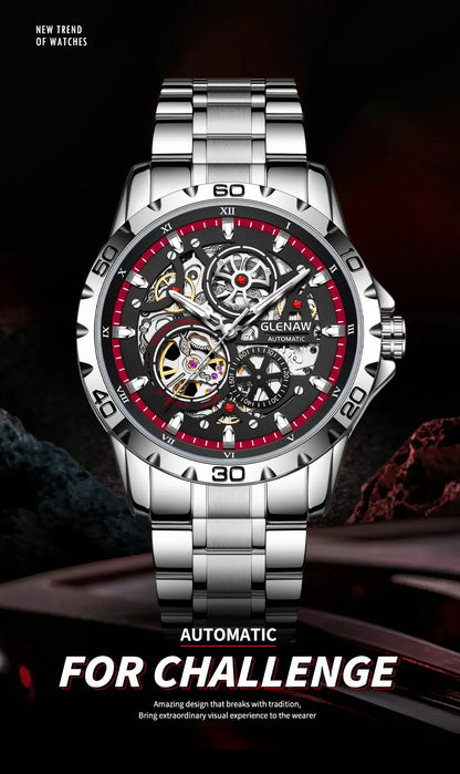 GLENAW Steampunk Skeleton - Reloj para hombre, anillo, relojes mecánicos automáticos de lujo, luminosos, resistentes al agua, correa de acero inoxidable
