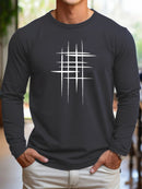 Men's 100% pure cotton loose fit comfortable sports and leisure creative line pattern printed round neck long sleeved T-shirt