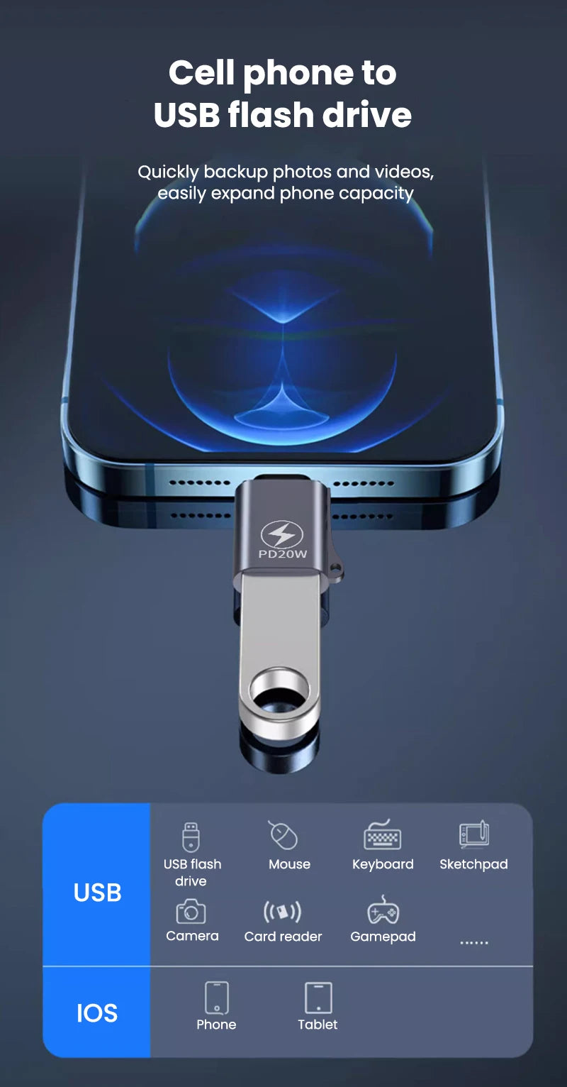 USB 3.0 to Lightning Adapter OTG For iPhone iPad Tablet U Disk Lighting Male to USB Female Converter PD 20W Fast Charging Otg