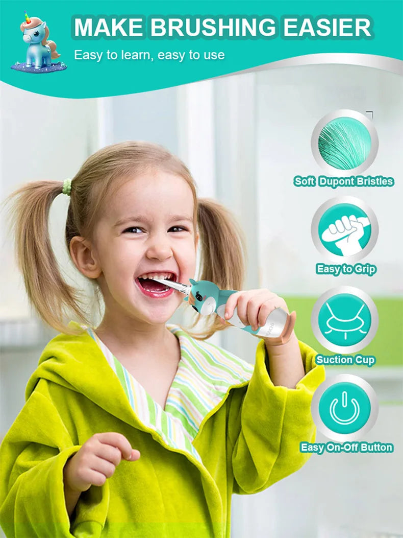 Toddler Sonic Electric Toothbrush for Baby with Cute Unicorn Cover and Smart LED Timer Soft Microfiber Bristles 4 Brush Heads