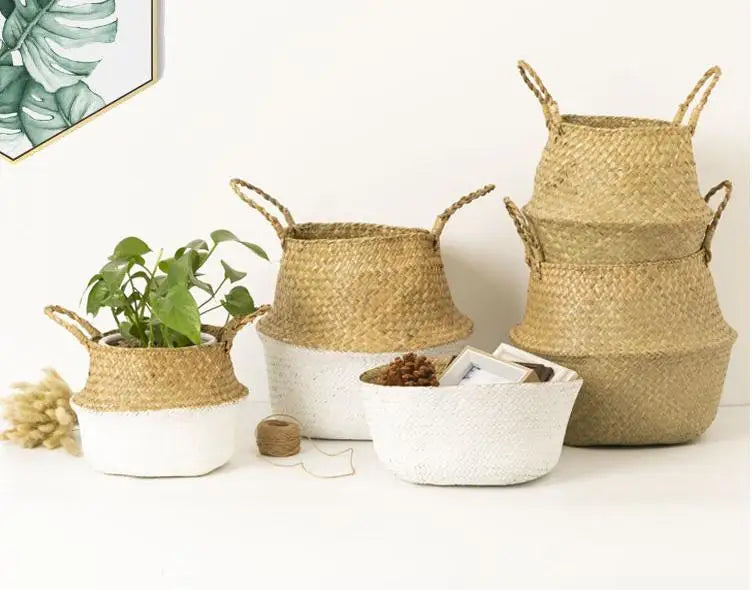 Storage Baskets Straw Wicker Rattan Hanging Flowerpot Seagrass Folding Laundry Clthoes Baskets Garden Plant Basket Home Decor
