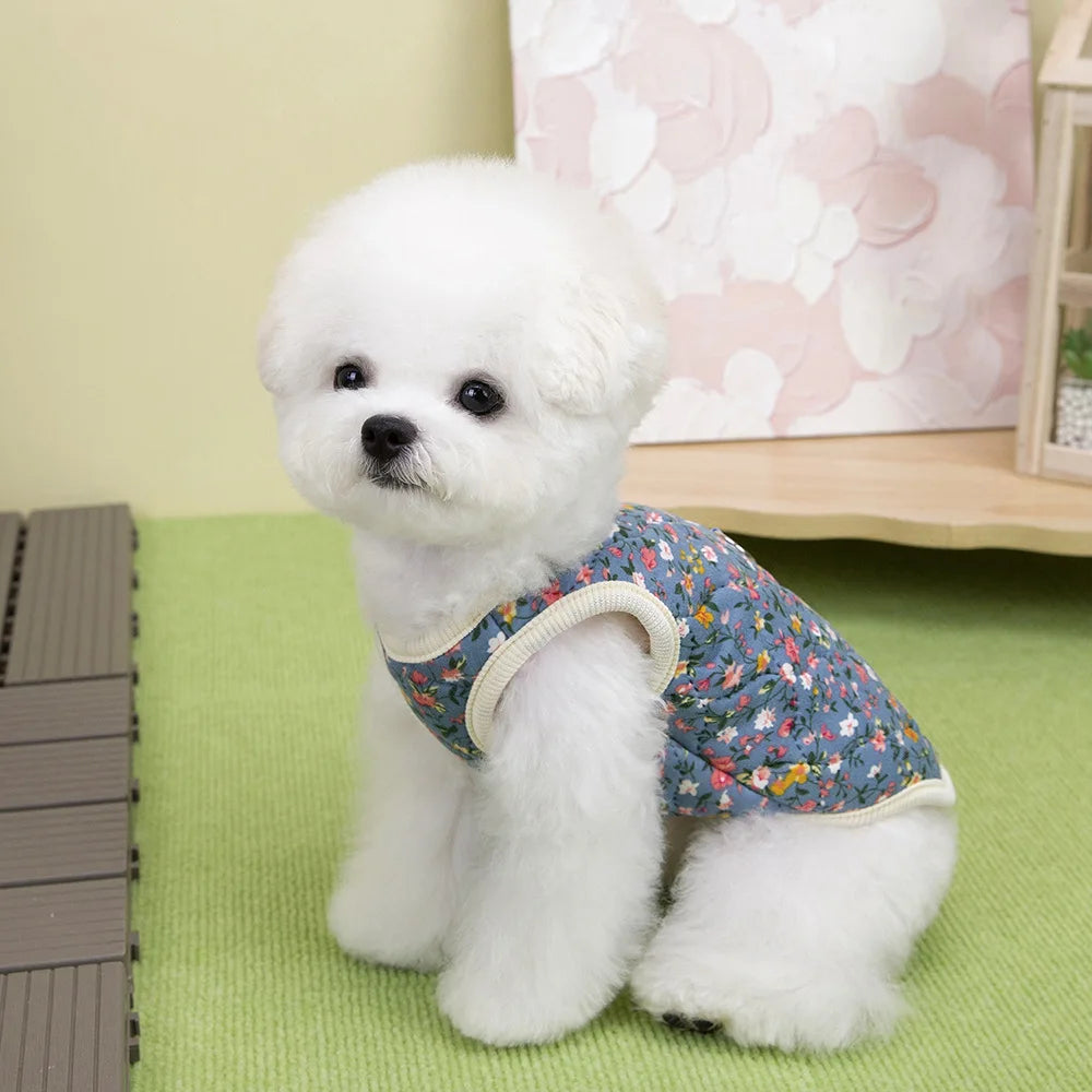Winter Flower Pattern Pet Jacket Pet Dog Costume Navy Pink Sleeveless Vest Jacket Warm Comfortable Floral Cotton Vest Small Dog