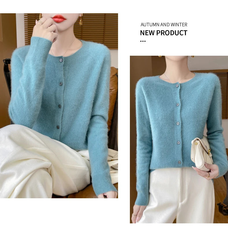 100% Merino Wool Long Sleeve Sweaters Cashmere Cardigan Spring Autumn Women O-Neck Knitwear Tops Clothing Fashion Basic Tops