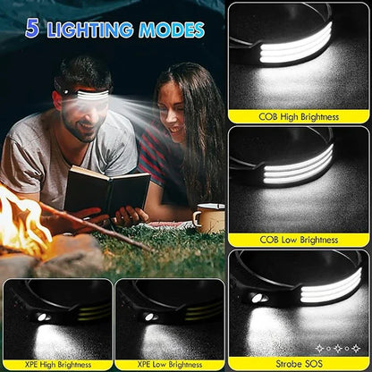 Linterna frontal de inducción LED recargable por USB, batería incorporada, 5 modos de iluminación, para acampar al aire libre y pescar.