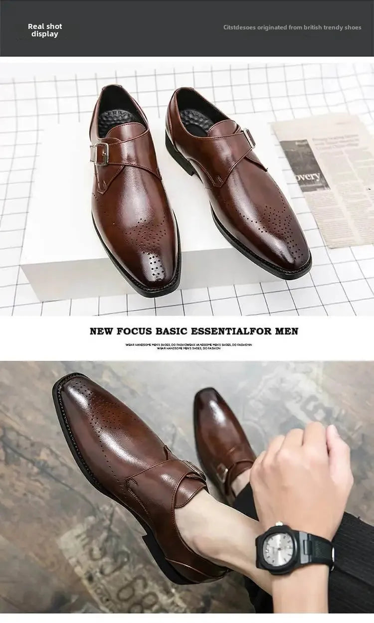 Large Size 48 Men's Leather Shoes with Buckle, Block Carving, Slip-On, Square Toe, Board Shoes, Trendy Adult Footwear