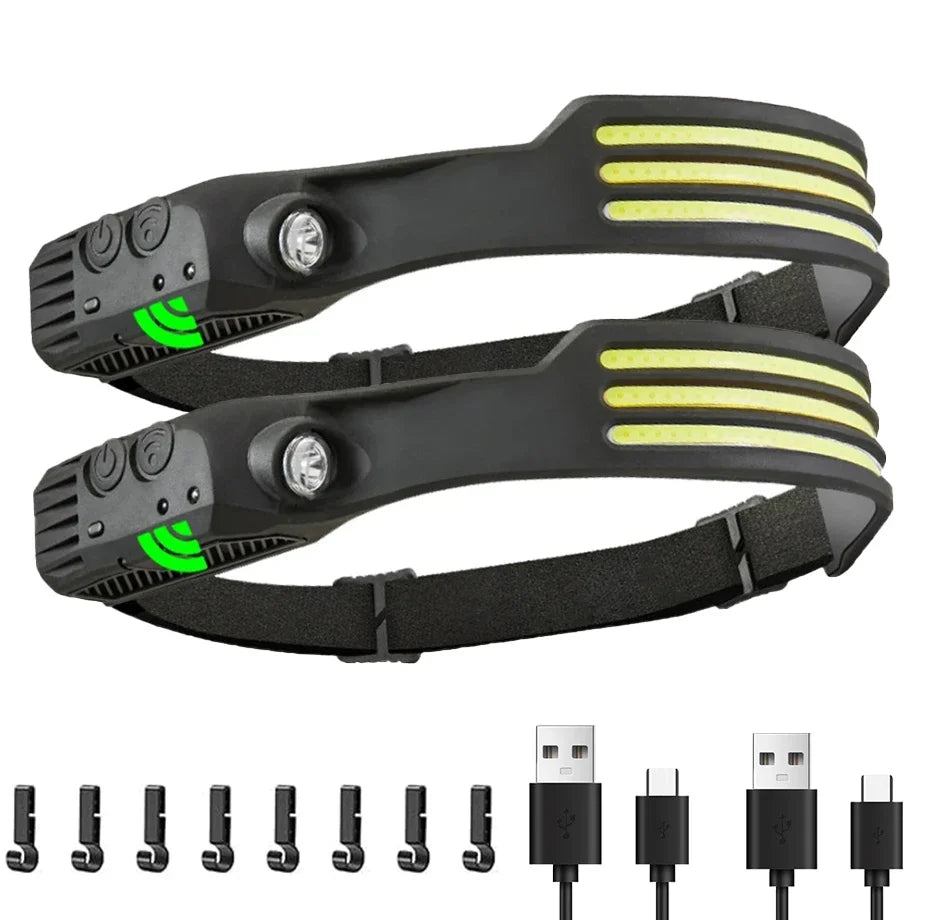 Linterna frontal de inducción LED recargable por USB, batería incorporada, 5 modos de iluminación, para acampar al aire libre y pescar.